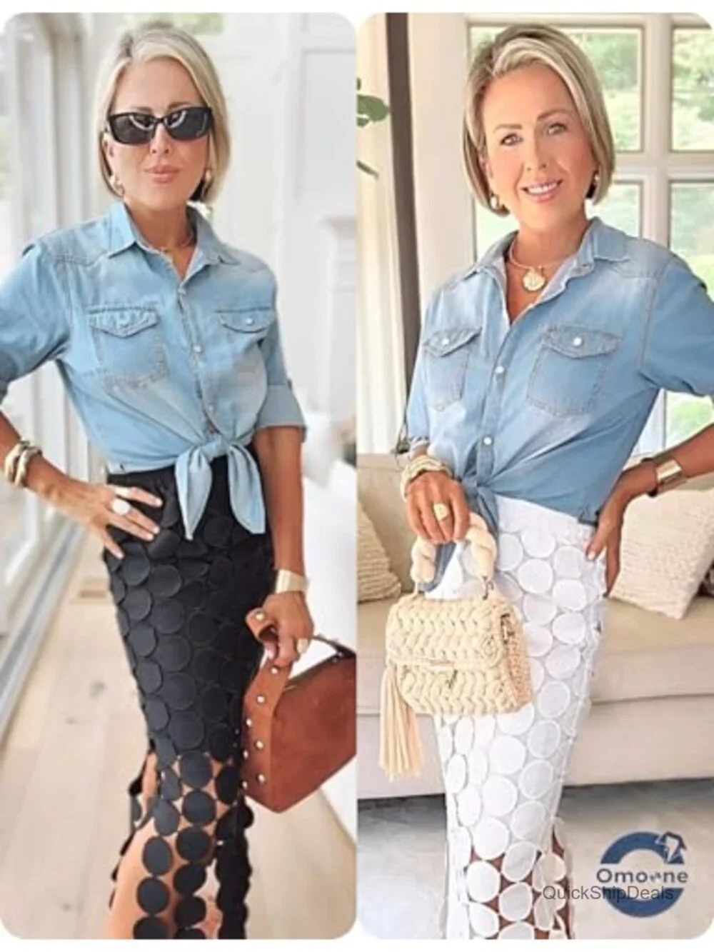 Chambray Crop Tie Front Cardigan 3/4 Sleeve Snap Button Denim Shirt
